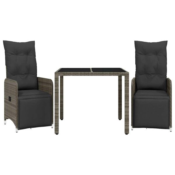vidaXL Set Bistr&ograve; da Giardino 3 pz con Cuscini in Polyrattan Grigio