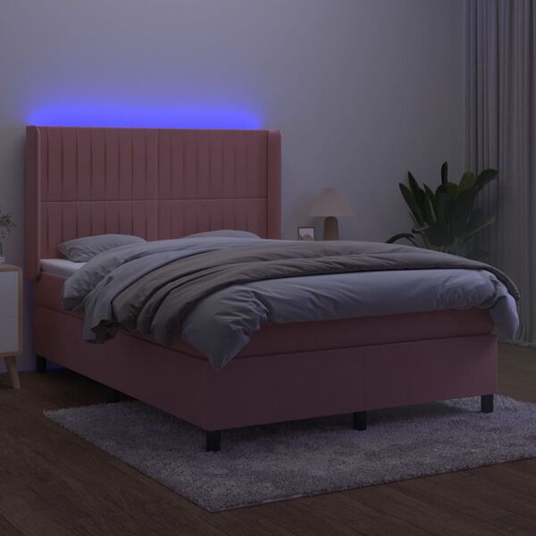 vidaXL Letto a Molle con Materasso e LED Rosa 140x190 cm in Velluto