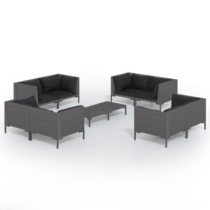 vidaXL Set Divani Giardino 9 pz con Cuscini in Polyrattan Grigio Scuro