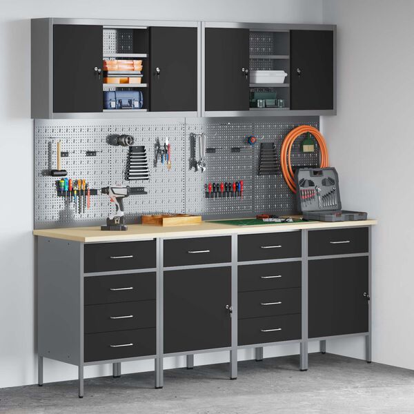 vidaXL Mobile da lavoro 10 pcs Nero Legno ingegnerizzato e acciaio