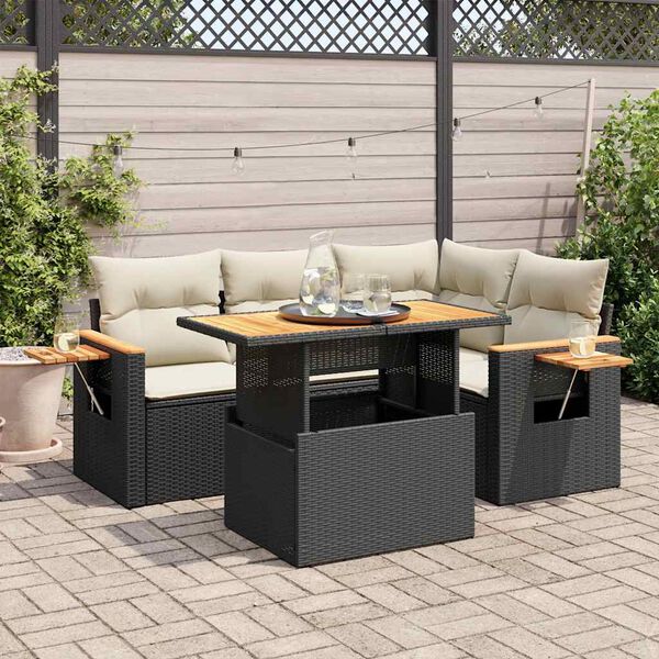 vidaXL Set Divani da Giardino 5 pz con Cuscini Nero Polyrattan Acacia