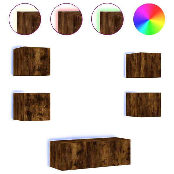 vidaXL Mobili TV a Muro con LED 6pz Rovere Fumo in Legno Multistrato