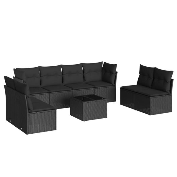 vidaXL Set Divani da Giardino 9 pz con Cuscini Nero in Polyrattan
