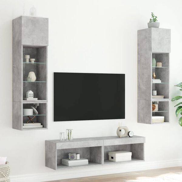 vidaXL Mobili TV a Muro con LED 6pz Grigio Cemento Legno Multistrato
