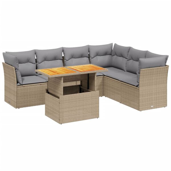 vidaXL Set Divani da Giardino 7 pz con Cuscini Beige in Polyrattan