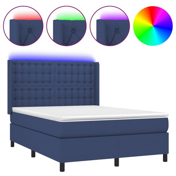vidaXL Letto a Molle con Materasso e LED Blu 140x200 cm in Tessuto