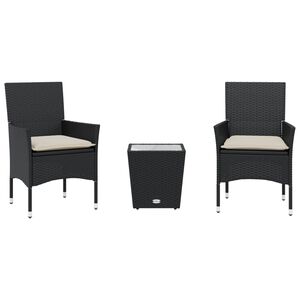 vidaXL Set da Bistr&ograve; 3 pz con Cuscini Nero Polyrattan e Vetro