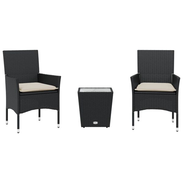 vidaXL Set da Bistrò 3 pz con Cuscini Nero Polyrattan e Vetro