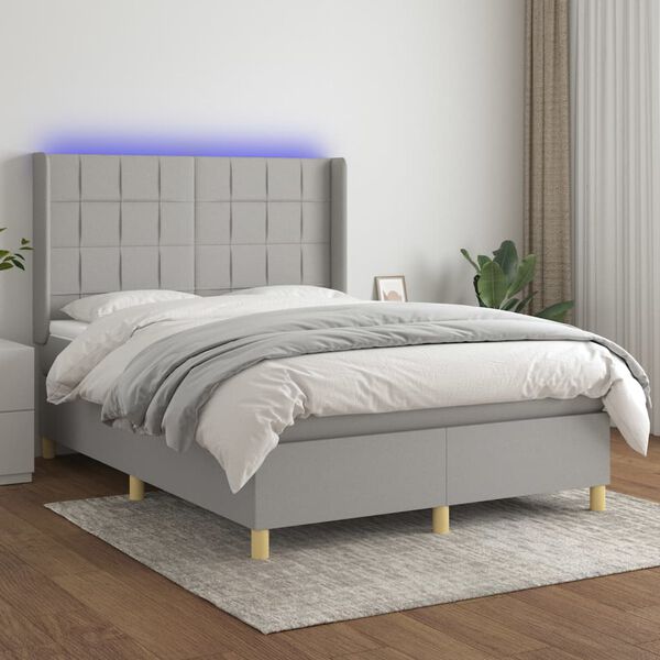 vidaXL Letto a Molle Materasso e LED Grigio Chiaro 140x200 cm Tessuto