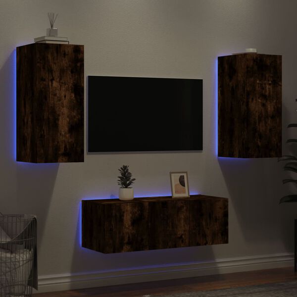 vidaXL Mobili TV a Muro con LED 4pz Rovere Fumo in Legno Multistrato