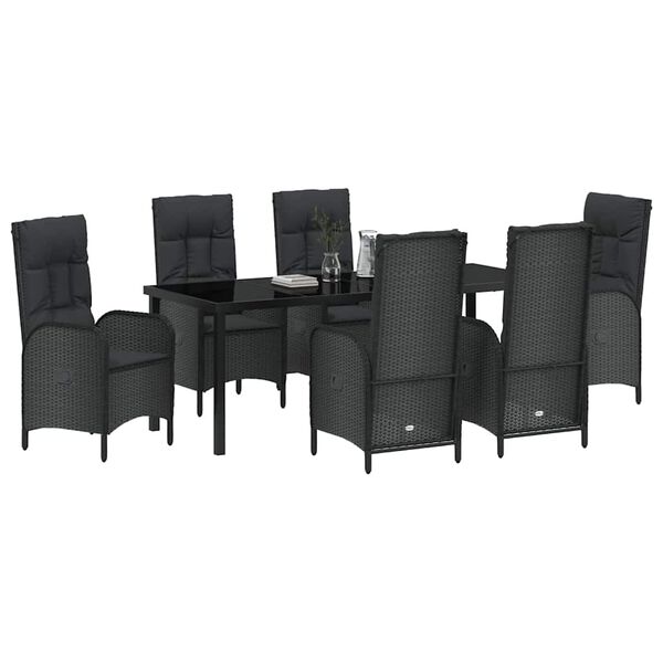 vidaXL Set da Pranzo per Giardino con cuscino 7 pcs Nero polyrattan