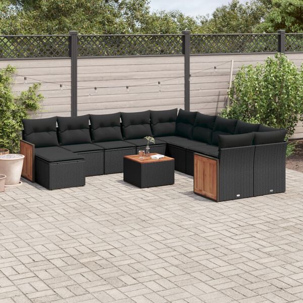 vidaXL Set Divani da Giardino 12 pz con Cuscini Nero in Polyrattan
