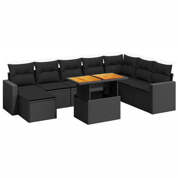 vidaXL Set Divani da Giardino 9 pz con Cuscini Nero in Polyrattan