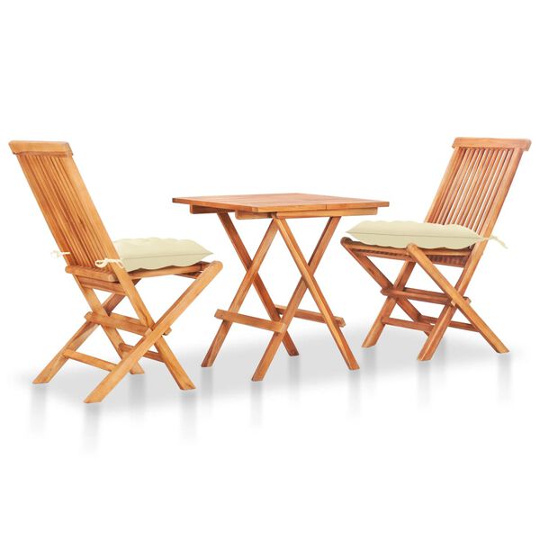 vidaXL Set da Bistrot 3 pz con Cuscini Crema in Legno Massello di Teak
