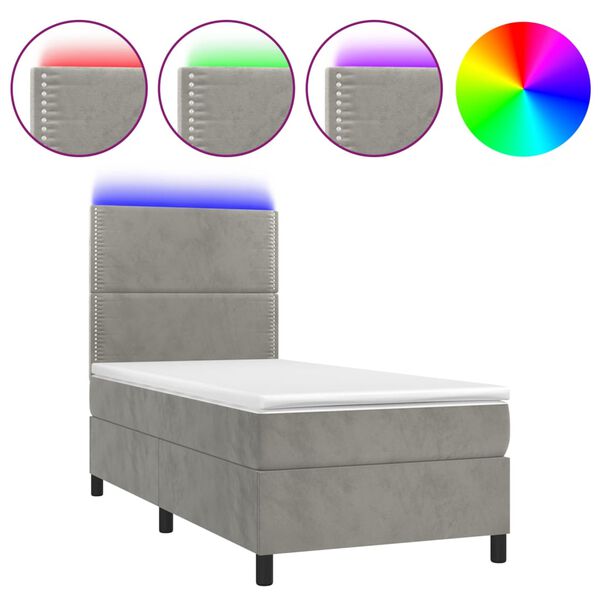vidaXL Letto a Molle Materasso e LED Grigio Chiaro 90x200 cm Velluto