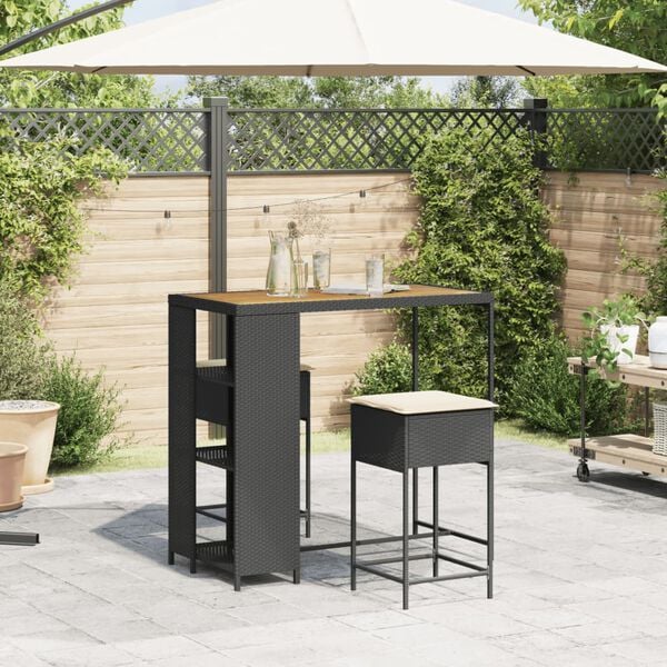 vidaXL Set Bar da Giardino 3 pz con Cuscini in Polyrattan Nero
