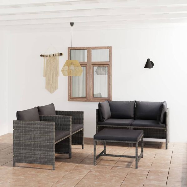 vidaXL Set Divani da Giardino 5 pz con Cuscini in Polyrattan Grigio