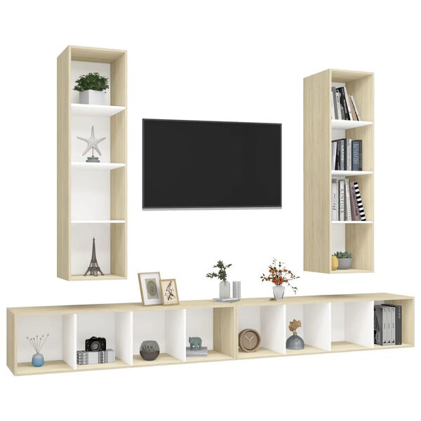 vidaXL Mobile TV a Parete 4 pz Bianco e Rovere in Legno Multistrato