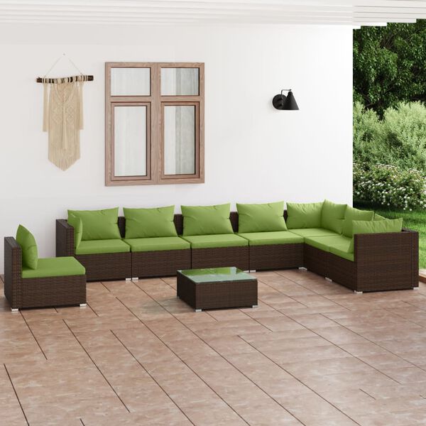 vidaXL Set Divani da Giardino 9 pz con Cuscini in Polyrattan Marrone