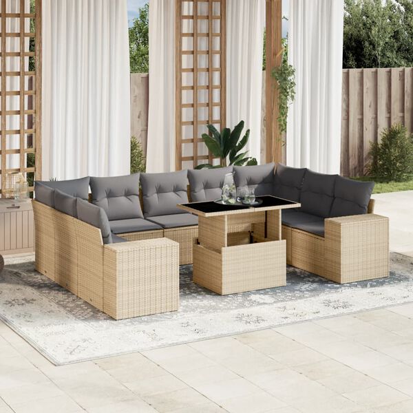 vidaXL Set Divano da Giardino 10 pz con Cuscini Beige in Polyrattan