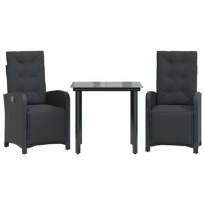 vidaXL Set da Bistr&ograve; 3 pz con Cuscini Nero in Polyrattan