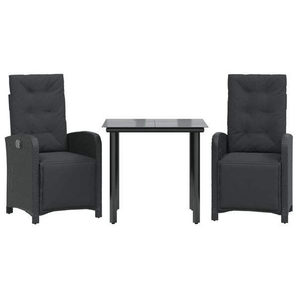 vidaXL Set da Bistr&ograve; 3 pz con Cuscini Nero in Polyrattan