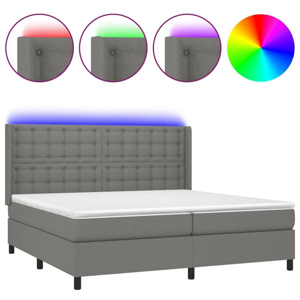 vidaXL Letto a Molle Materasso e LED Grigio Scuro 200x200cm in Tessuto