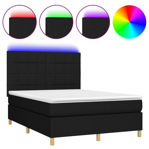 vidaXL Letto a Molle con Materasso e LED Nero 140x200 cm in Tessuto