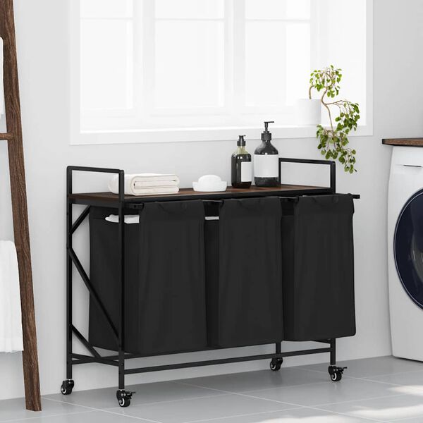 vidaXL Cesto della Biancheria 3 Scomparti con Ruote Rovere Marrone