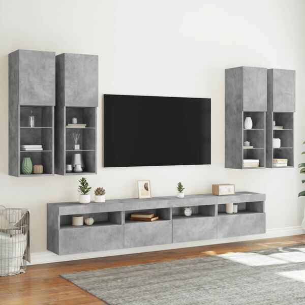 vidaXL Set Mobili TV a Muro 7 pz con Luci LED Grigio Cemento