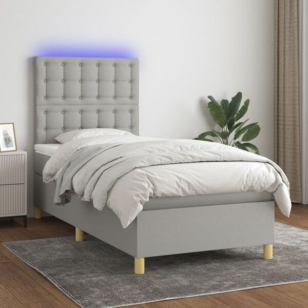 vidaXL Letto a Molle Materasso e LED Grigio Chiaro 100x200 cm Tessuto