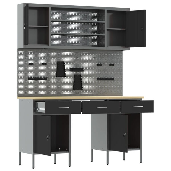 vidaXL Banco da lavoro con blocco 7 pcs Nero 150 x 55 x 200 cm Acciaio