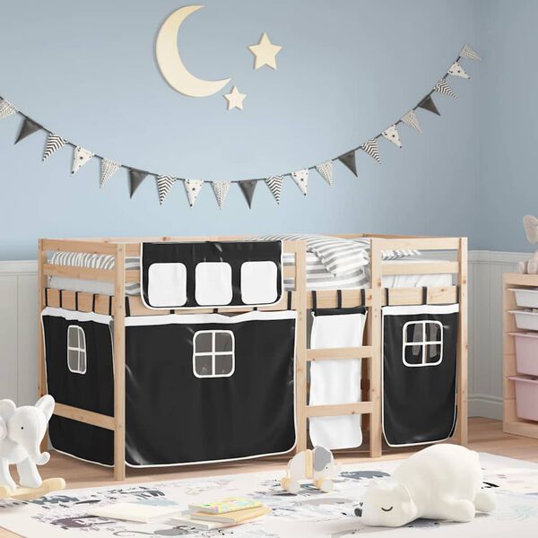vidaXL Letto a Soppalco Bambini con Tende Bianco e Nero 90x190 cm Pino