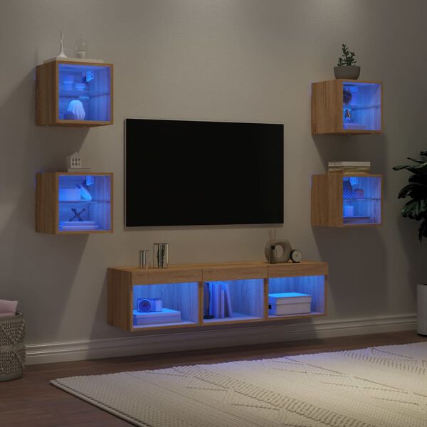 vidaXL Mobili TV a Muro con LED 7pz Rovere Sonoma Legno Multistrato