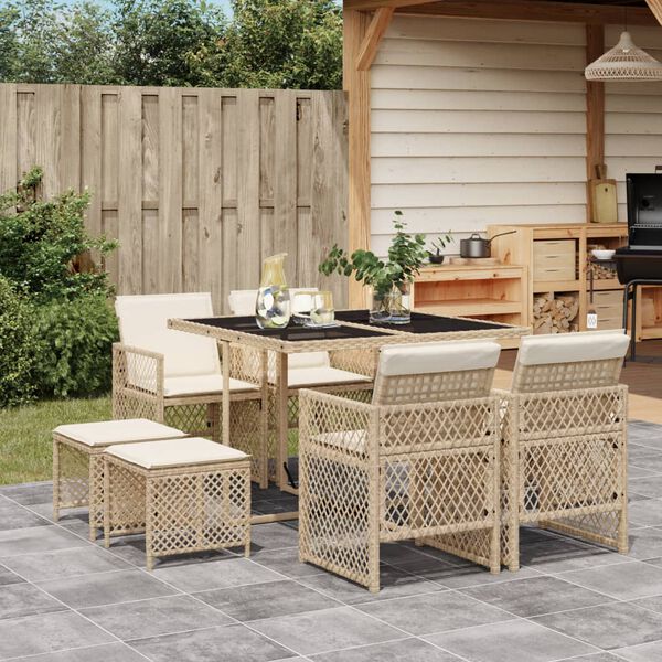 vidaXL Set da Pranzo da Giardino 9 pz con Cuscini Beige in Polyrattan