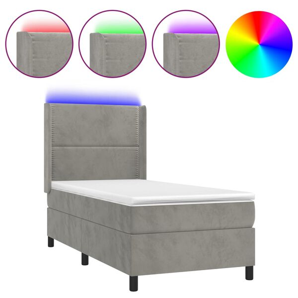 vidaXL Letto a Molle Materasso e LED Grigio Chiaro 90x200 cm Velluto
