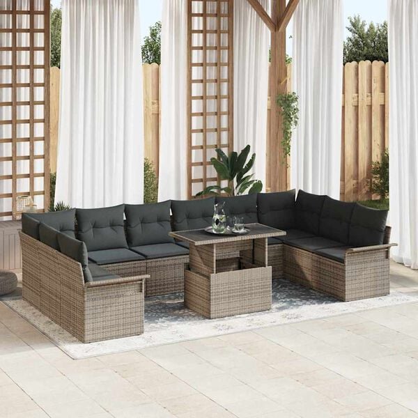 vidaXL Set Divano da Giardino con cuscino 11 pcs Grigio Poly Rattan