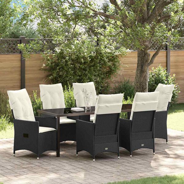 vidaXL Set da Pranzo per Giardino con cuscino 7 pcs Nero polyrattan