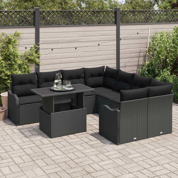 vidaXL Set Divano da Giardino 9 pcs Nero Rattan in Polipropilene