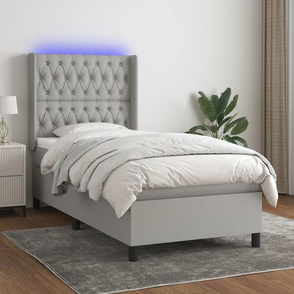 vidaXL Letto a Molle Materasso e LED Grigio Chiaro 100x200 cm Tessuto