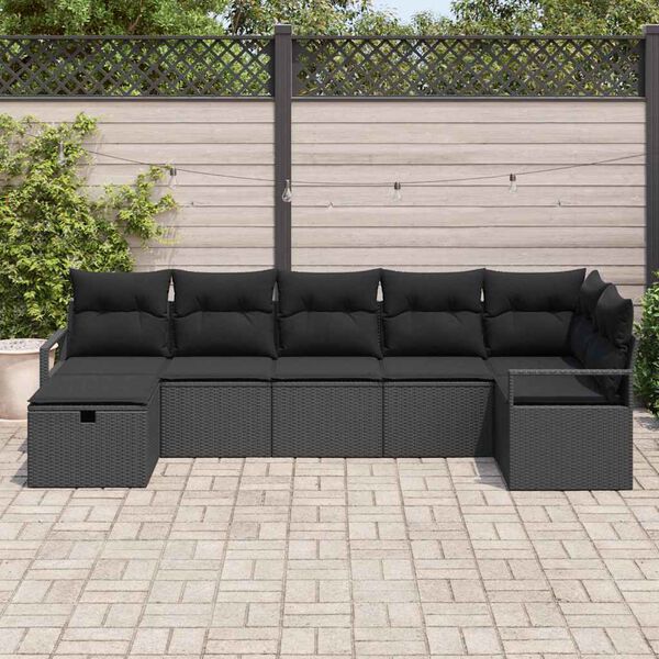 vidaXL Set Divano da Giardino con cuscino 7 pcs Nero Poly Rattan
