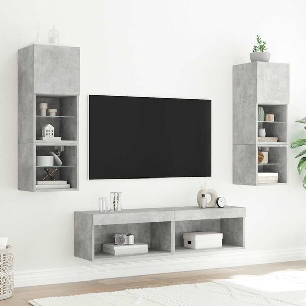 vidaXL Mobili TV a Muro con LED 6pz Grigio Cemento Legno Multistrato