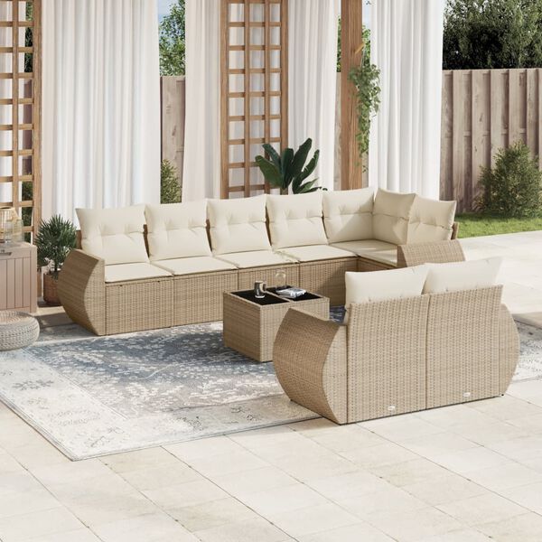 vidaXL Set Divano da Giardino 9 pz con Cuscini Beige in Polyrattan