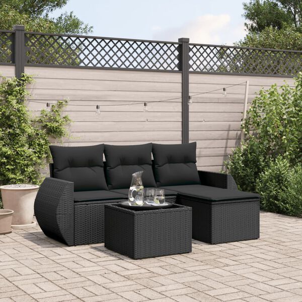 vidaXL Set Divani da Giardino 5 pz con Cuscini in Polyrattan Nero