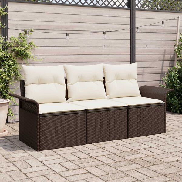 vidaXL Set Divano da Giardino con cuscino 3 pcs Marrone Poly Rattan