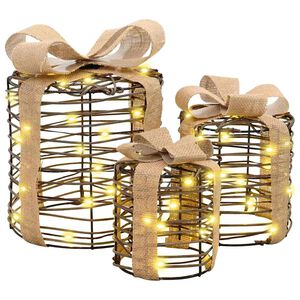 vidaXL Decorazione Scatola Regalo con 60 LED 3 pcs Bianco caldo Rattan