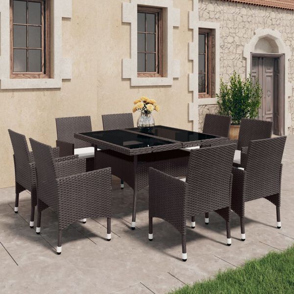 vidaXL Set da Pranzo da Giardino 9 pz in Polyrattan e Vetro Marrone