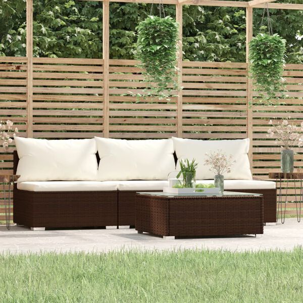 vidaXL Set Divani da Giardino 4 pz con Cuscini in Polyrattan Marrone