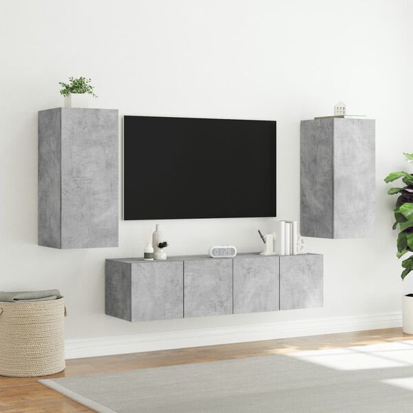 vidaXL Mobili TV a Muro con LED 4pz Grigio Cemento Legno Multistrato
