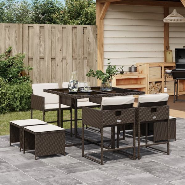 vidaXL Set da Pranzo da Giardino 9pz con Cuscini Marrone in Polyrattan